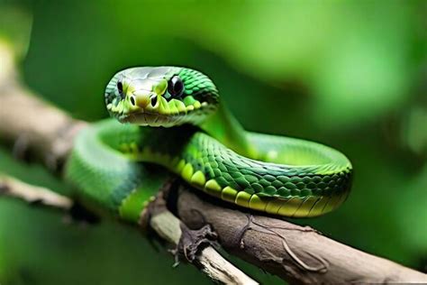 Premium AI Image | A green snake is on a branch on natural background ...