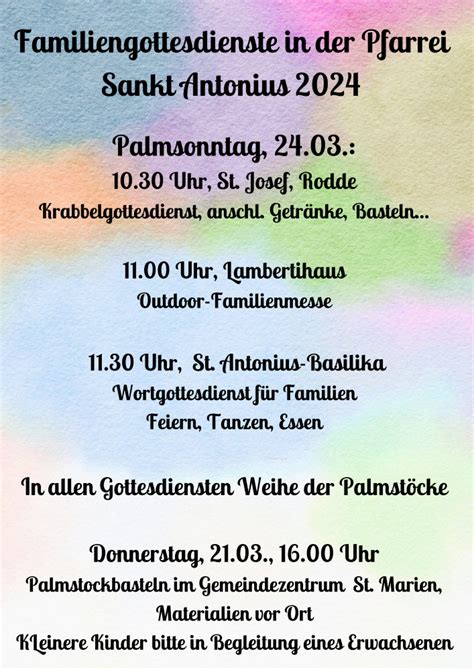 Familiengottesdienste in der Pfarrei Sankt Antonius Jahresübersicht