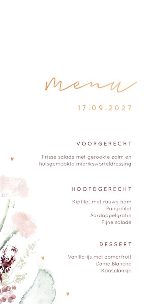 Originele Menukaart Met Watercolour Bloemen En Koperfolie