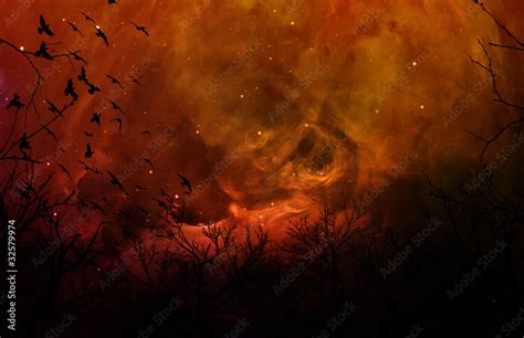 Eerie Silhouette Forest In Orange Night Sky Stock Illustration Adobe