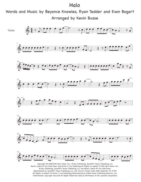 Halo Arr Kevin Busse By Beyonce Sheet Music For Violin Solo At Sheet Music Direct