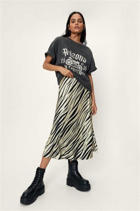 Womens Zebra Print Bias Cut Satin Midi Skirt Boohoo Uk