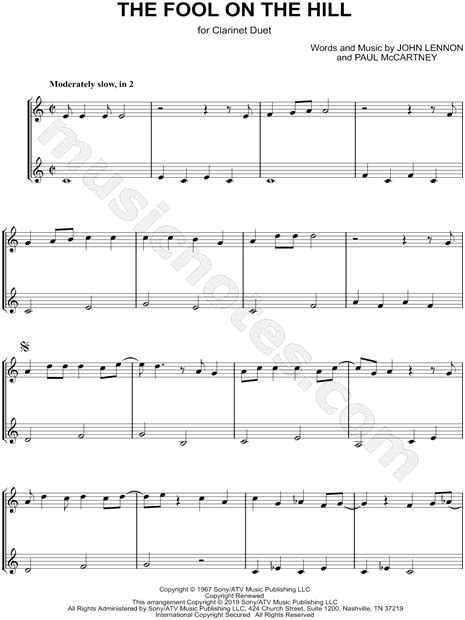 The Beatles The Fool On The Hill Clarinet Duet Sheet Music In C Major Download And Print