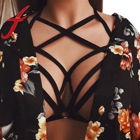 Feitong Gothic Sexy Crop Tops Women Hollow Out Elastic Cage Bra Bandage