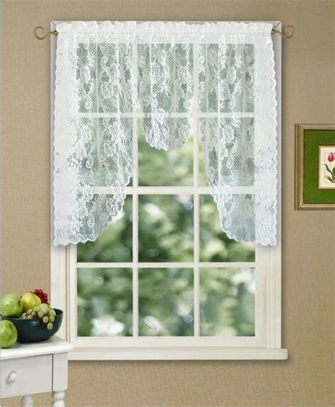 white or beige knitted polyester rose lace curtains valance with rod ...