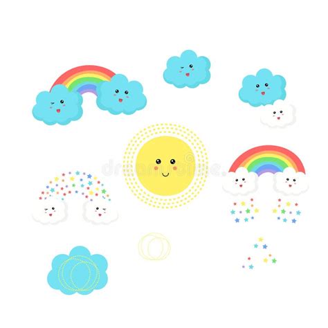 Cute Cartoon Kawaii Sun Cloud Star Rainbow Icon Set Smiling Face Emotion Stock Vector