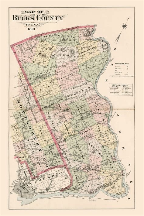 Bucks County 1891 Old Map With Townships Pennsylvania Genealogy Reprint ...