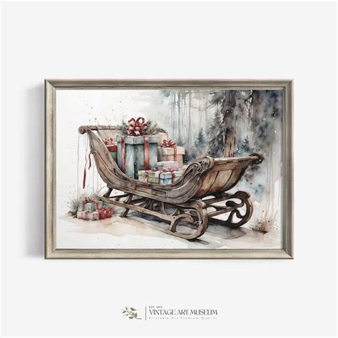 Vintage Christmas Sleigh Watercolor Printable Rustic Wall - Etsy | Christmas watercolor ...