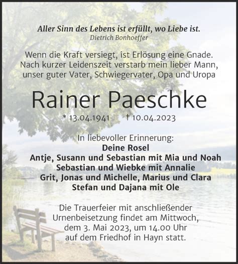 Traueranzeigen Von Rainer Paeschke Abschied Nehmen De