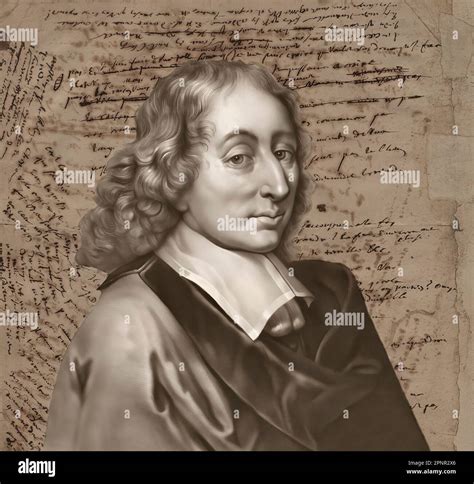 Portrait of Blaise Pascal with his handwritten manuscript, Pensées de Pascal, thoughts on ...