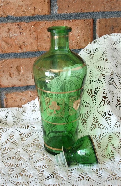 Vintage Green Glass Decanter With Gold Playing Card Emblems Etsy