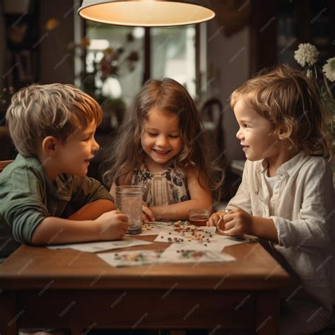 Premium Photo Three Siblings Playing Together At Dining Table