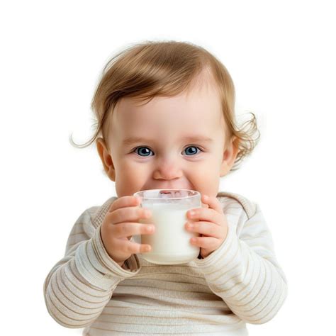 A Baby Drinking From A Glass Of Milk Premium Ai Generated Image