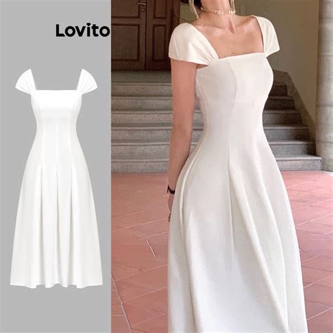 Lovito Vestido Elegante Liso Plissado Para Mulheres L Ed Shopee