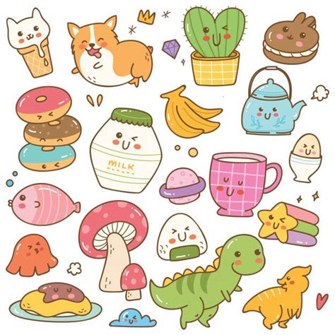 Premium Vector | Set of kawaii doodle vector illustration | Kawaii ...