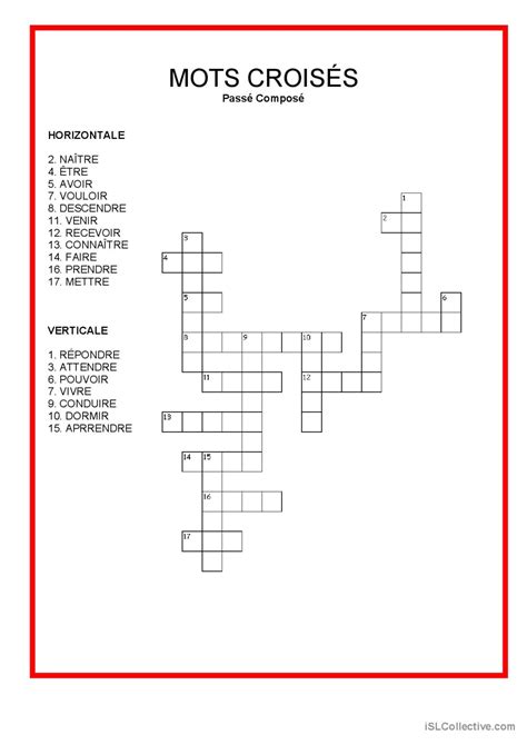 Passé composé Mots croisés pratiqu Français FLE fiches pedagogiques
