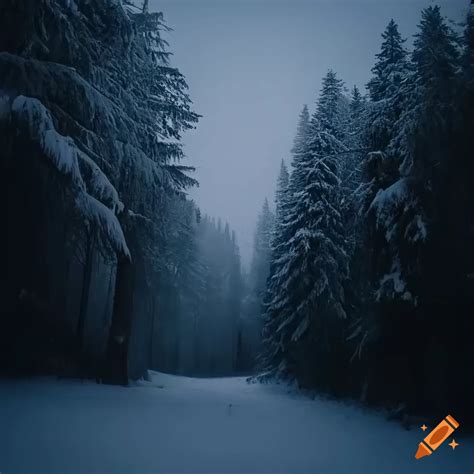 Real Life Liminal Space A Snowy Dark Mountain Forest Space Dim