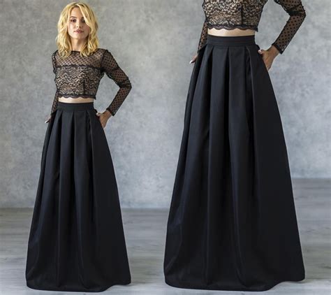 Elegant A Line Black Skirt Maxi Skirt With Pleats Classic Floor