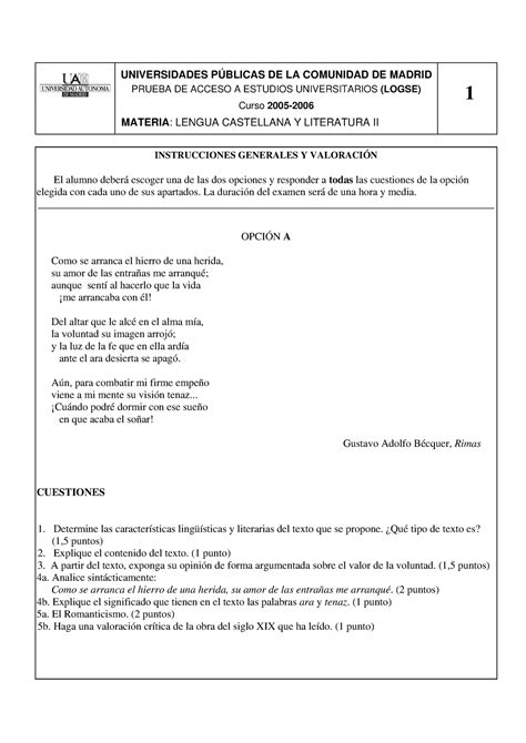 Examen Lengua Castellana Y Literatura De La Comunidad De Madrid