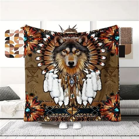 Native Indian Blanket Wolf Feather Print Flannel Blanket Temu