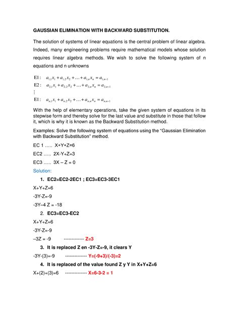 Gaussian Elimination With Backward Substitution Gaussian Elimination