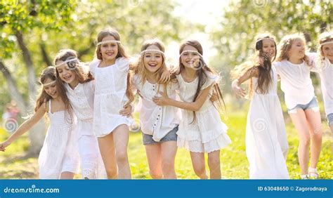 Portrait Of Happy Children On Nature Stock Photo Image Of Little