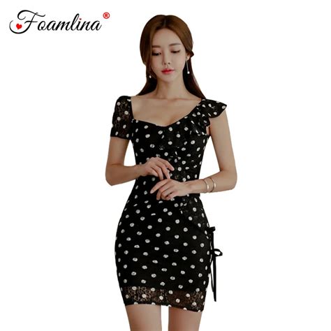 Foamlina Sexy Polka Dot Print Bodycon Dress Women Summer Fashion V Neck Short Sleeve Floral Lace