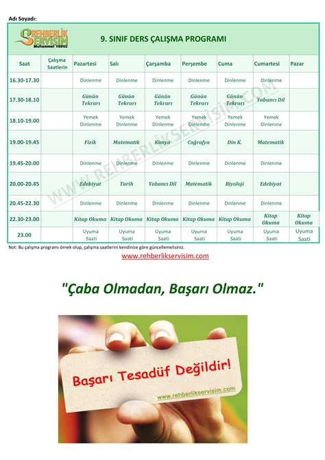 9 10 11 Sınıf Ders Çalışma Programı REHBERLİK SERVİSİM