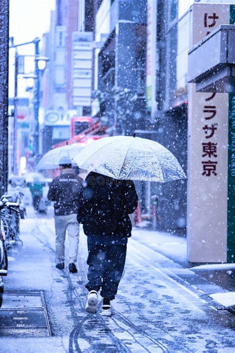 La Gente Camina Por La Calle Tokyo Shinjuku Es Nieve Con Paraguas En