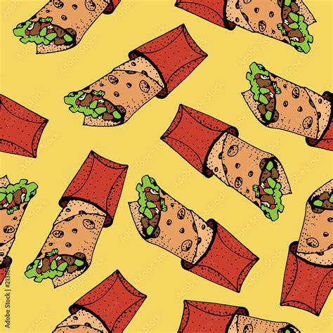 Seamless Pattern Of Doner Kebab Roll Chicken Roll Fast Food Kebab