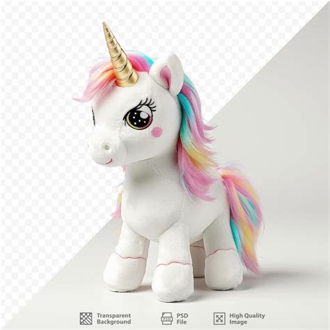 Un unicornio blanco con cabello de arco iris está parado frente a un