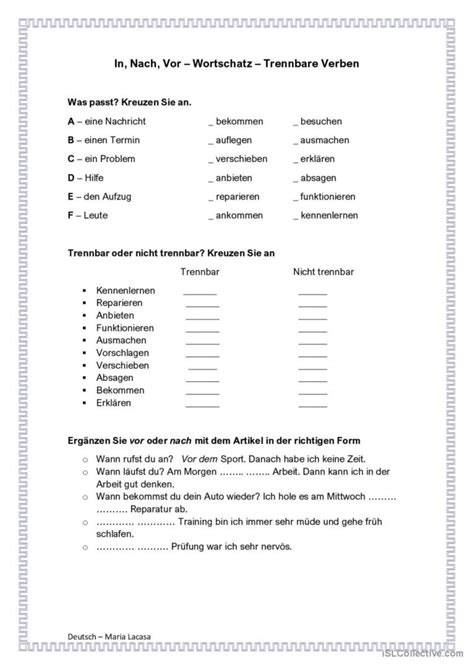 Pr Positionen Wortschatz Trennbare English Esl Worksheets Pdf Doc