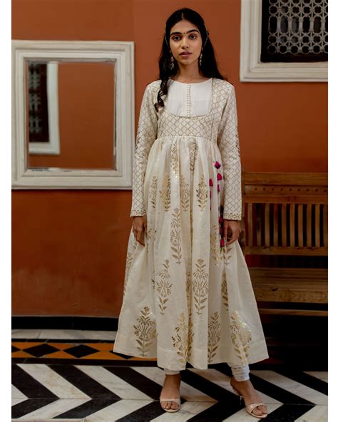 Ivory Mughal Prints Anarkali Kurta With Churidaar Set Of Two By