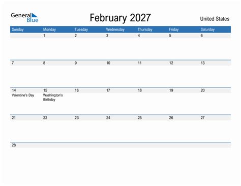 February 2027 United States Monthly Calendar With Holidays