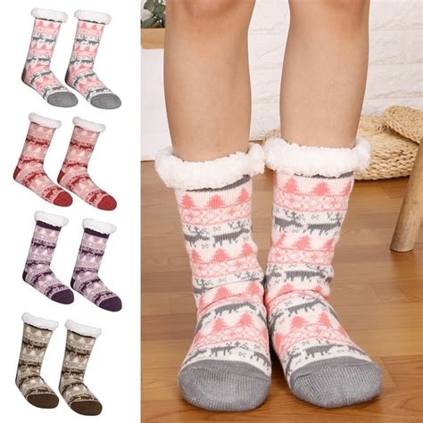 Christmas Non-Slip Floor Socks Winter Soft Warm Sleeping Socks Fleece Lined Slipper Bed Carpet ...