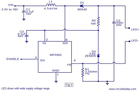 LED driver based on MP3302 LED driver IC. Working circuit diagram.Operates from a single Lithium ...