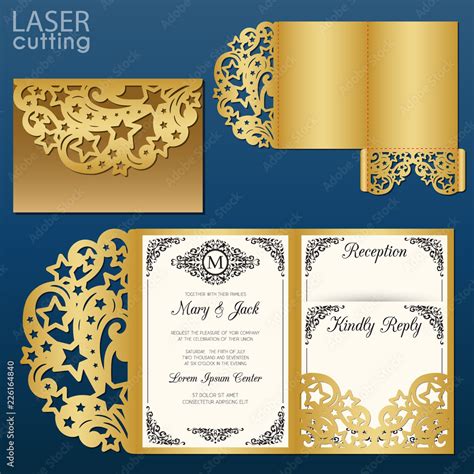 Laser cut wedding invitation card template vector. Tri fold envelope ...