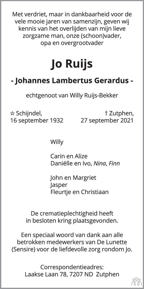 Jo Johannes Lambertus Gerardus Ruijs Overlijdensbericht En