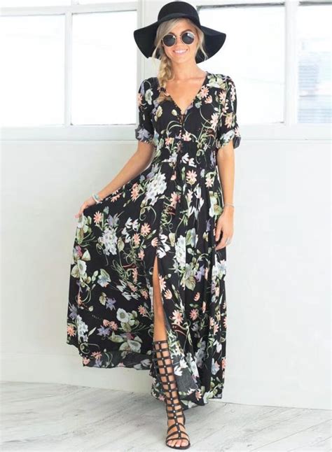 V Neck Short Sleeve High Split Floral Printed Maxi Bohemian Dress Victoriaswing Maxi Dress