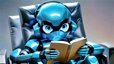 Blue Robot Reading A Book In Futuristic Chair Stock Footage Video Of