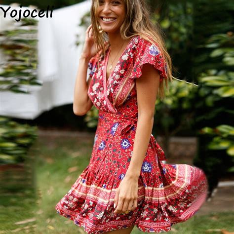 Yojoceli Sexy Bohemia Floral Print Short Dress Women Summer Bow Wrap