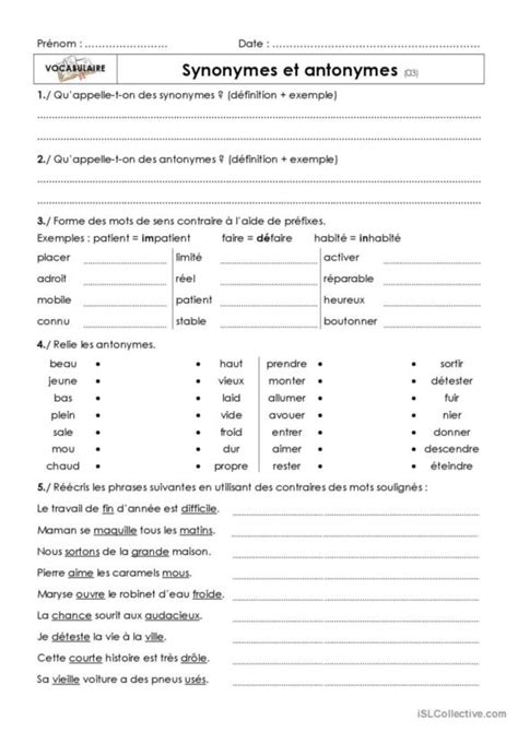 26 Synonyme Français FLE fiches pedagogiques pdf doc