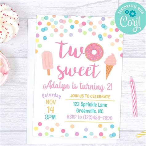 Two Sweet Editable Printable Birthday Party Invitation Etsy