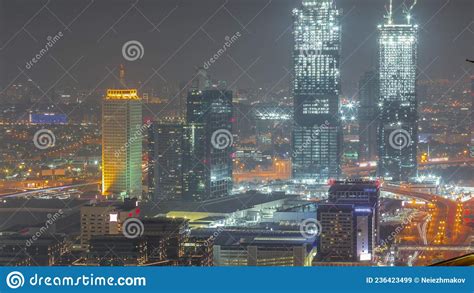 Aerial View of Skyscrapers with World Trade Center in Dubai All Night ...