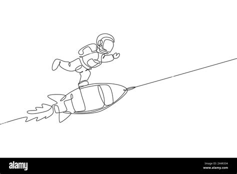 One Single Line Drawing Of Astronaut In Spacesuit Floating And