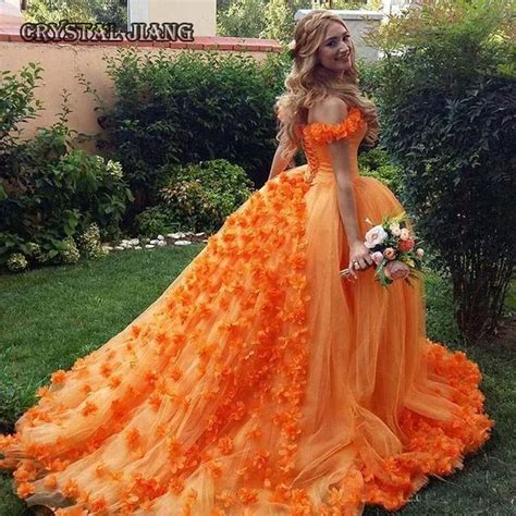 Orange Ball Gown Wedding Dresses 2017 With Cout Train Off The Shoulder Boat Neck Lace Up Bridal