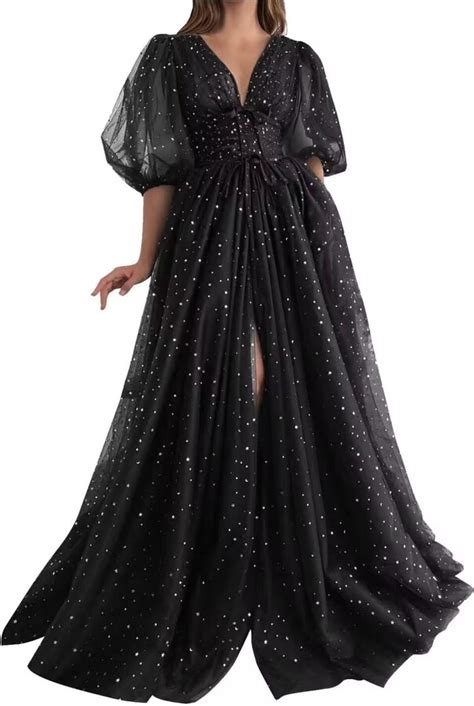 Generic Sparkle Starry Tulle Prom Dresses Puffy Sleeve Long Formal