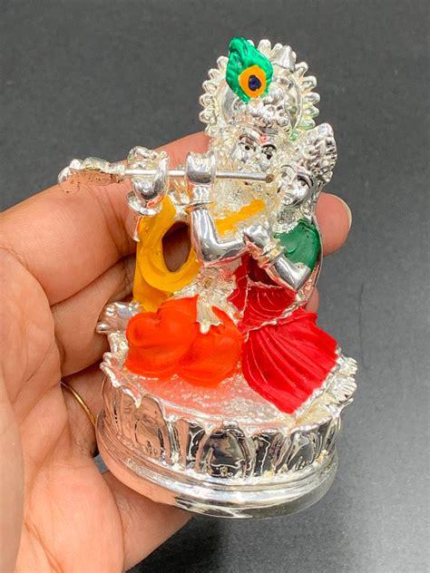 Radha Krishna Idol Silver Idol Enamel Paint Idol Lord Krishna Flute