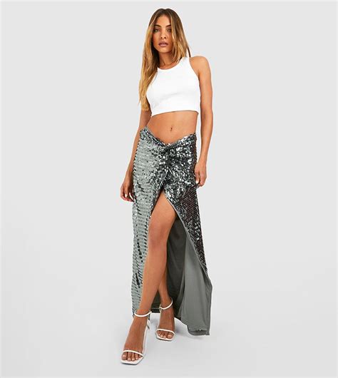 Buy Boohoo Shard Sequin Twist Knotted Maxi Skirt In Silver 6thStreet