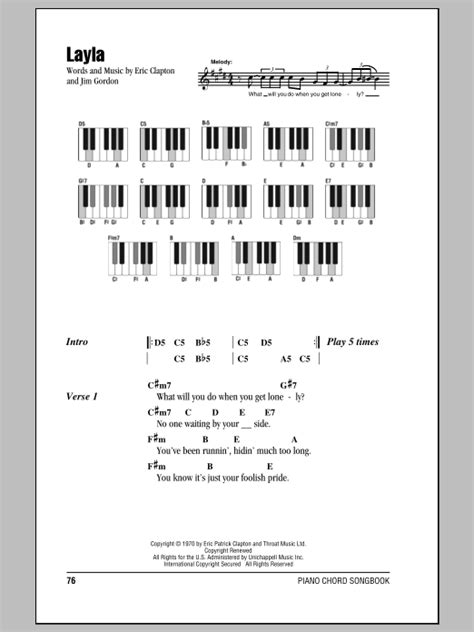 Layla Sheet Music By Eric Clapton Lyrics And Piano Chords 87589